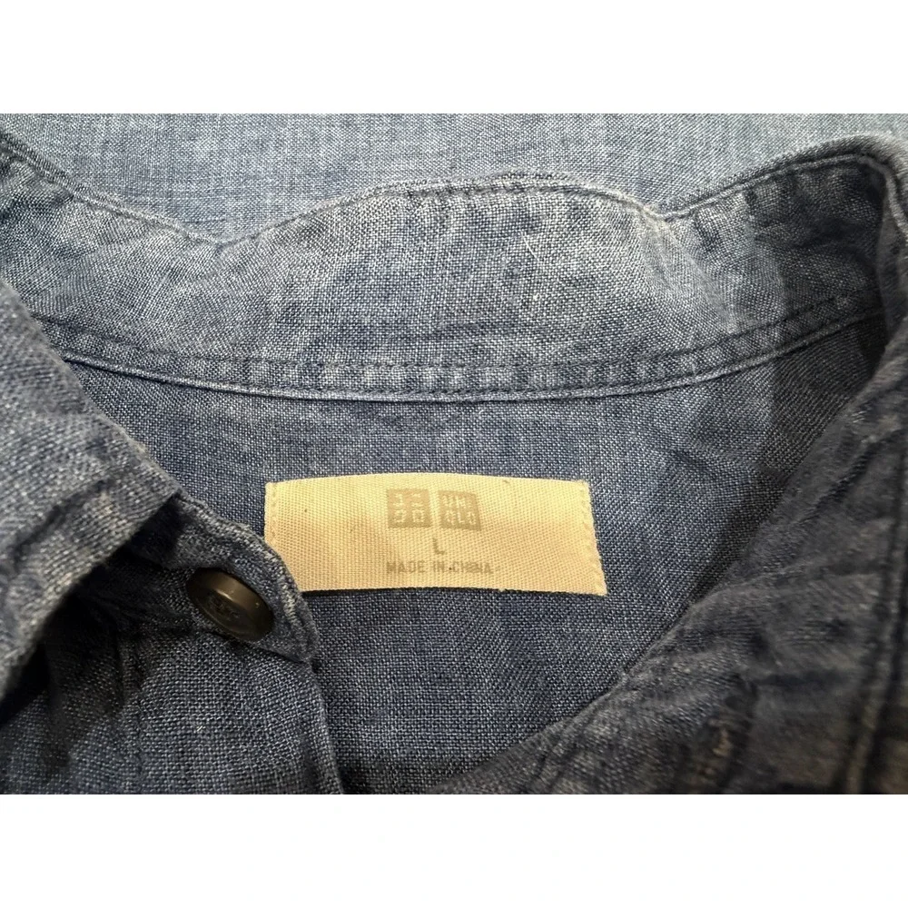 Men's Uniqlo Button-down Blue Premium Linen Shirt Size L Resort Wear L/S
